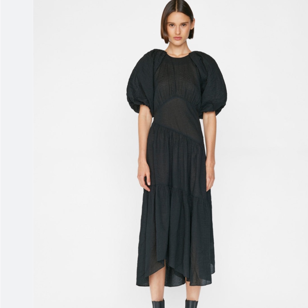 Frame Gathered Seam Puff-Sleeve Midi-Dress